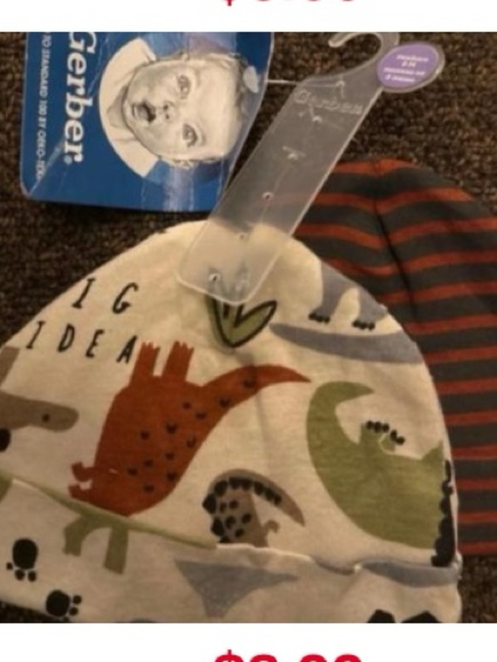 Gerber Cream Beanie with Green and Rust Dinosaur Print